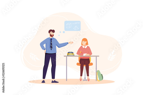 Education concept with people scene in the flat cartoon design. Teacher explains the rules of geometry to the student at the individual study. Vector illustration.