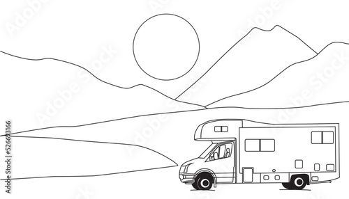 Camper Van black and white line illustration