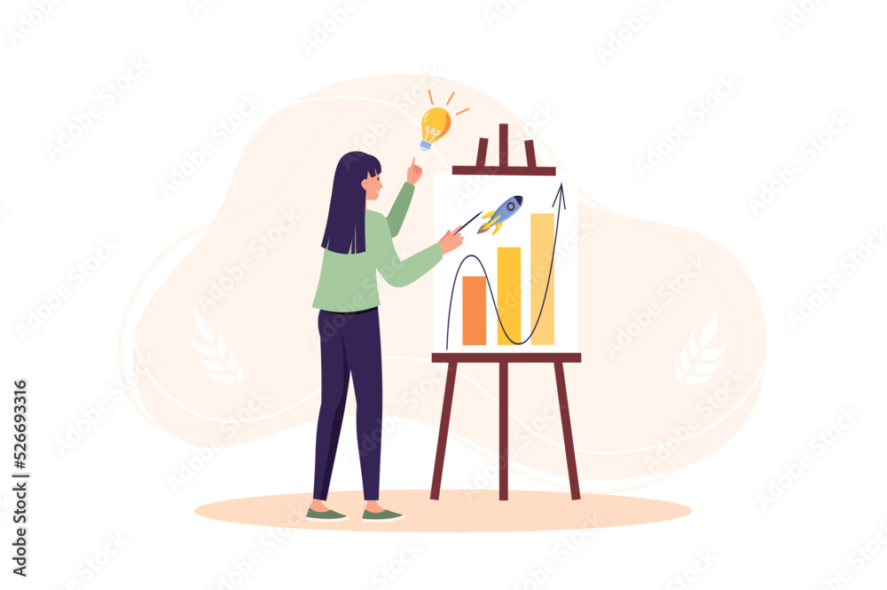Concept Startup with people scene in the flat cartoon design. Woman calculates the success and profitability of her startup on a whiteboard. Vector illustration. Concept Startup with people scene in the flat cartoon design. Woman calculates the success and profitability of her startup on a whiteboard. Vector illustration.