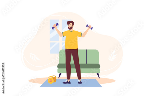 Concept Fitness at home with people scene in the flat cartoon design. Man does physical exercises at home to keep his body healthy. Vector illustration.