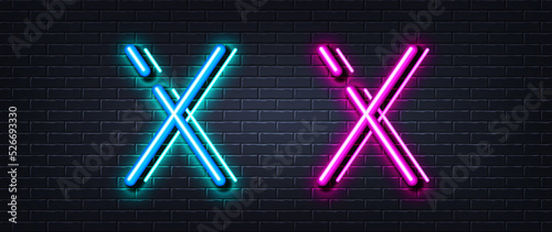 Initial letter X icon. Neon light line effect. Line typography character sign. Large first font letter. Glowing neon light element. Letter X glow 3d line. Brick wall banner. Vector