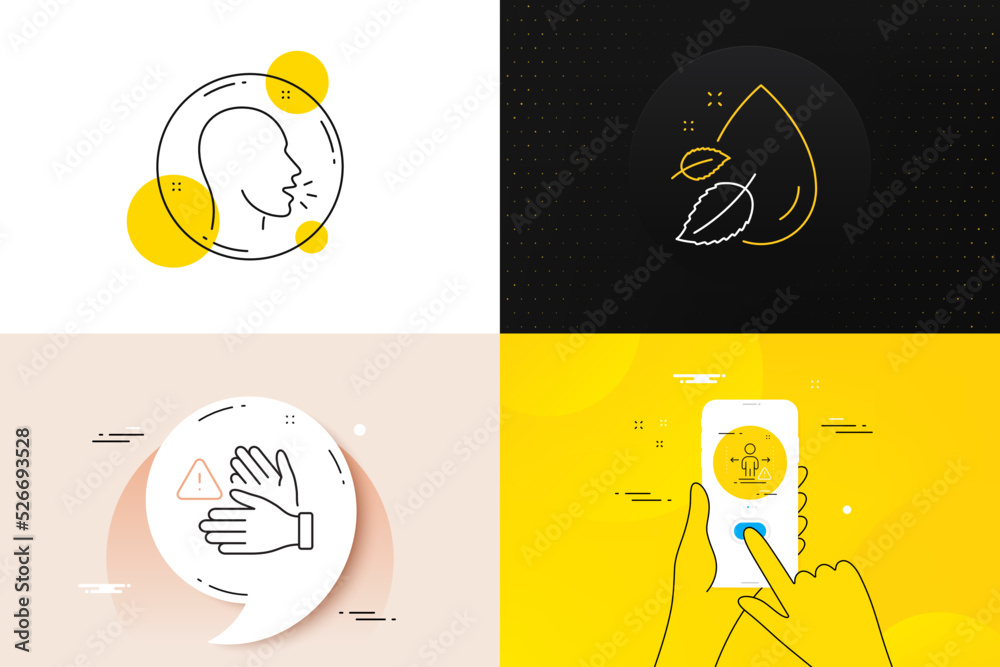 Minimal set of Water drop, Cough and Dont touch line icons. Phone screen, Quote banners. Social distance icons. For web development. Serum oil, Coronavirus symptom, Clean hands. Vector Minimal set of Water drop, Cough and Dont touch line icons. Phone screen, Quote banners. Social distance icons. For web development. Serum oil, Coronavirus symptom, Clean hands. Vector