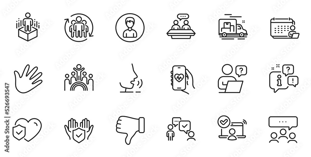 Outline set of Meeting, Health app and Dislike hand line icons for web application. Talk, information, delivery truck outline icon. Include Person, Teamwork, Hand icons. Vector