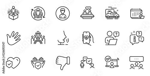 Outline set of Meeting, Health app and Dislike hand line icons for web application. Talk, information, delivery truck outline icon. Include Person, Teamwork, Hand icons. Vector