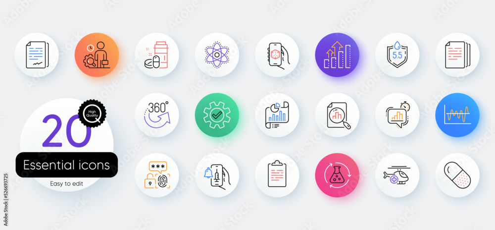 Simple set of Chemistry experiment, 3d app and Statistics timer line icons. Include Clipboard, 360 degrees, Document signature icons. Service, Ph neutral, Inspect web elements. Vector Simple set of Chemistry experiment, 3d app and Statistics timer line icons. Include Clipboard, 360 degrees, Document signature icons. Service, Ph neutral, Inspect web elements. Vector