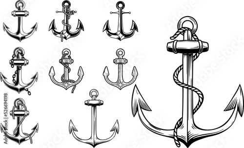 Set of vintage illustrations of anchor. Design element for logo, emblem, sign, t shirt. Vector illustration