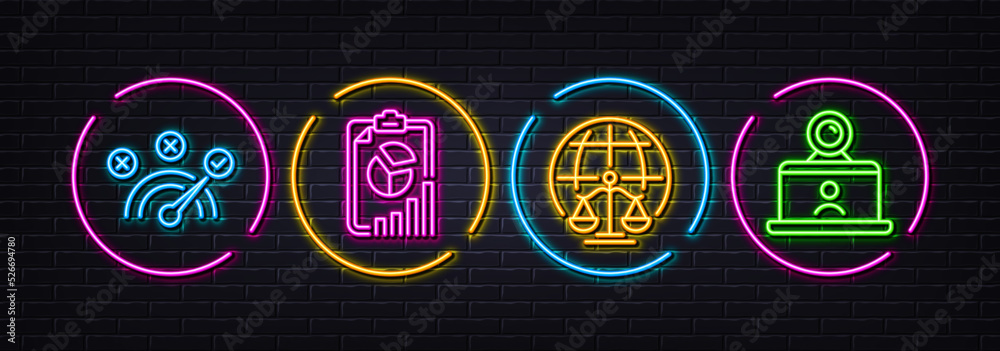 Correct answer, Magistrates court and Report minimal line icons. Neon laser 3d lights. Video conference icons. For web, application, printing. Vector