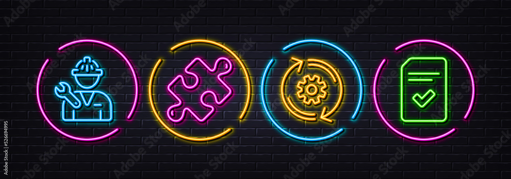 Puzzle, Cogwheel and Repairman minimal line icons. Neon laser 3d lights. Checked file icons. For web, application, printing. Jigsaw game, Engineering tool, Repair service. Correct document. Vector