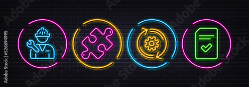 Puzzle, Cogwheel and Repairman minimal line icons. Neon laser 3d lights. Checked file icons. For web, application, printing. Jigsaw game, Engineering tool, Repair service. Correct document. Vector