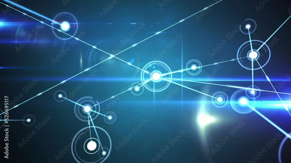 Animation of glowing network of connections and light trails against blue background