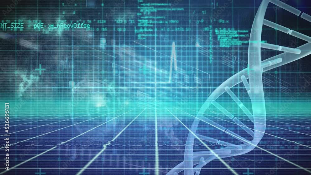 Animation of dna structures spinning over grid network against interface with data processing Animation of dna structures spinning over grid network against interface with data processing