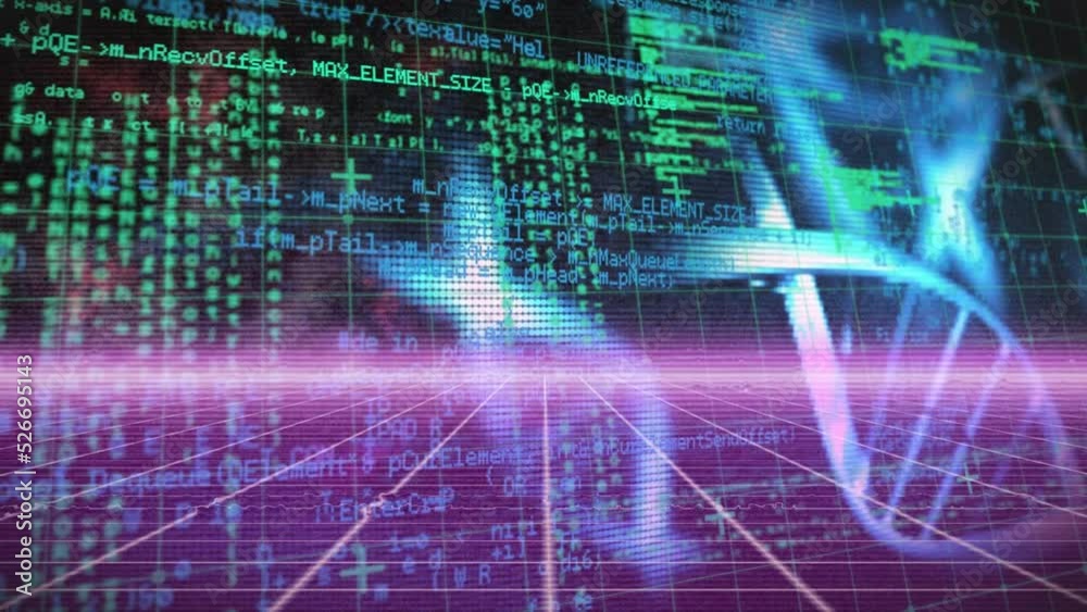 Animation of data processing and dna structures over purple grid network on black background Animation of data processing and dna structures over purple grid network on black background