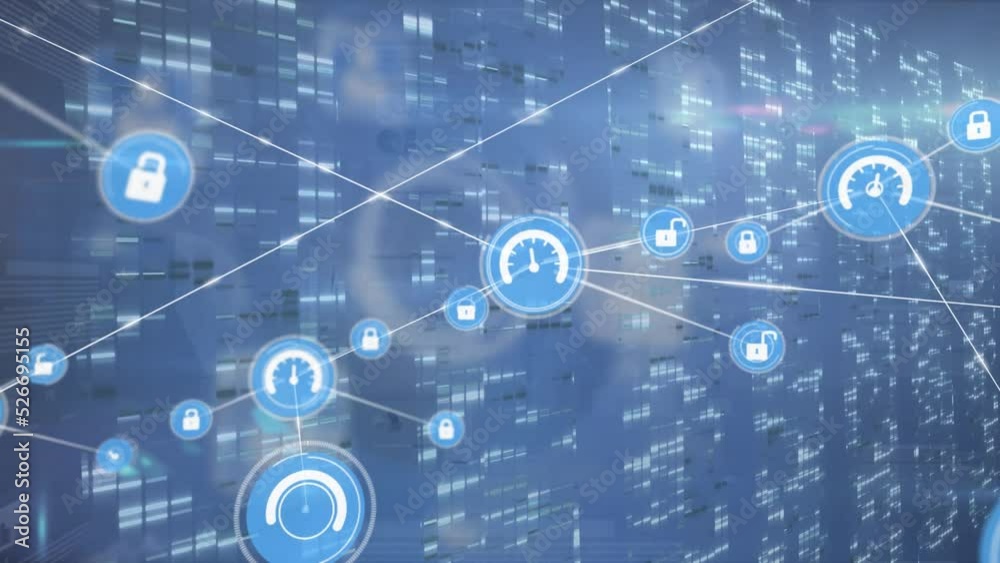 Animation of network of digital icons over screens with mosaic squares against blue background