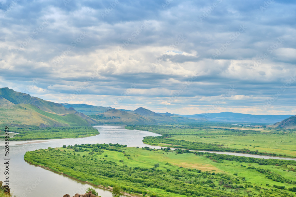 View of the Selenga River from Mount Omulevaya near the city of Ulan-Ude, Republic of Buryatia, Russia.