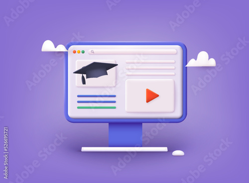 Online education on website. Application learning. Computer with open pages. 3D Vector Illustrations.