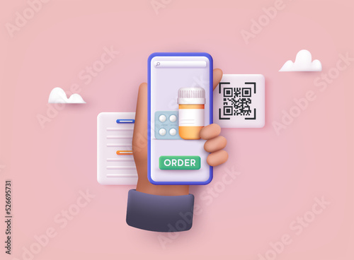 Person buying the pills online with the smartphone. Prescription pills. Ordering medicines online concept. 3D Web Vector Illustrations.