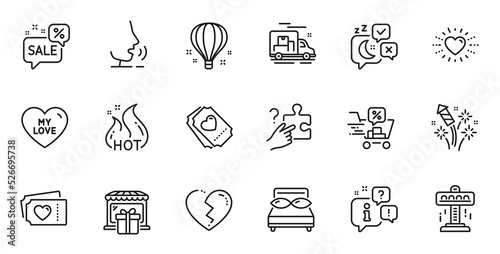 Outline set of Air balloon, Love ticket and Sleep line icons for web application. Talk, information, delivery truck outline icon. Include Fireworks rocket, Hot sale, Pillows icons. Vector