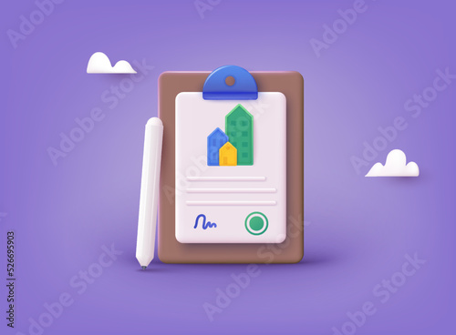 Real estate concept. House real estate contract, rental agreement or lease contract. 3D Web Vector Illustrations. 