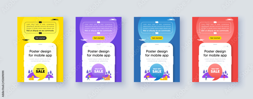 Poster frame with phone interface. Half off sale. Special offer price sign. Advertising discounts symbol. Cellphone offer with quote bubble. Half off sale message. Vector