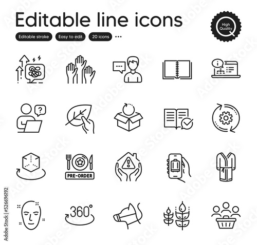 Set of Business outline icons. Contains icons as Stress grows, Health skin and Online question elements. Online documentation, Gluten free, Baggage app web signs. Return package. Vector