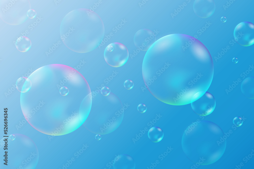 Flying transparent soap bubbles isolated on a light blue gradient background. Realistic soap bubble, glare. Foam bubbles. Powder, soap, detergent.Vector illustration.