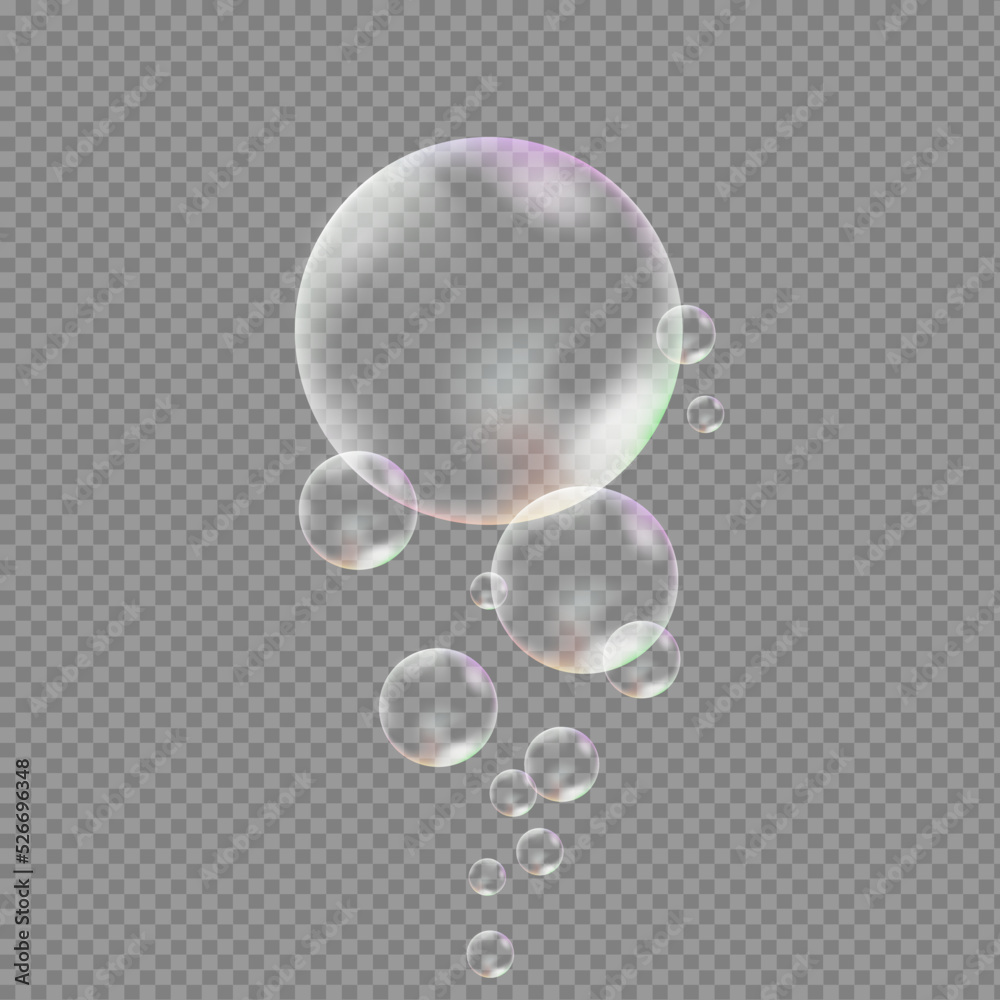 Transparent soap bubbles flying up, isolated on a gray background. Realistic soap bubble, glare. Foam bubbles. Powder, soap, detergent. Vector illustration. Transparent soap bubbles flying up, isolated on a gray background. Realistic soap bubble, glare. Foam bubbles. Powder, soap, detergent. Vector illustration.