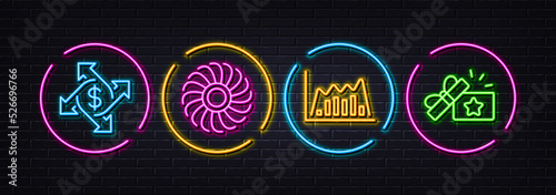 Fan engine, Payment exchange and Infographic graph minimal line icons. Neon laser 3d lights. Loyalty gift icons. For web, application, printing. Ventilator, Money transfer, Line diagram. Vector