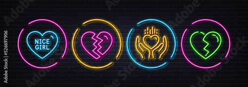 Nice girl, Break up and Hold heart minimal line icons. Neon laser 3d lights. Broken heart icons. For web, application, printing. Divorce, Care love, Love end. Neon lights buttons. Vector