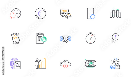 Swipe up, Gpu and Euro money line icons for website, printing. Collection of Coronavirus report, Timer, Stress icons. Recovery phone, Chemistry beaker, 5g wifi web elements. Nurse. Vector
