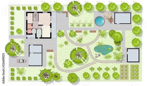 Top view landscape design plan with house, courtyard, lawn, garage. Highly detailed plan of country with modern cottage of villa with pond, pool. Vector illustration of Cityscape, Map of town, village