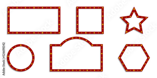 Frames. Cinema frame. Light bulbs with frames. Retro yellow light on frames billboard different shapes with shadow. Shining Christmas banners red color. Vector illustration