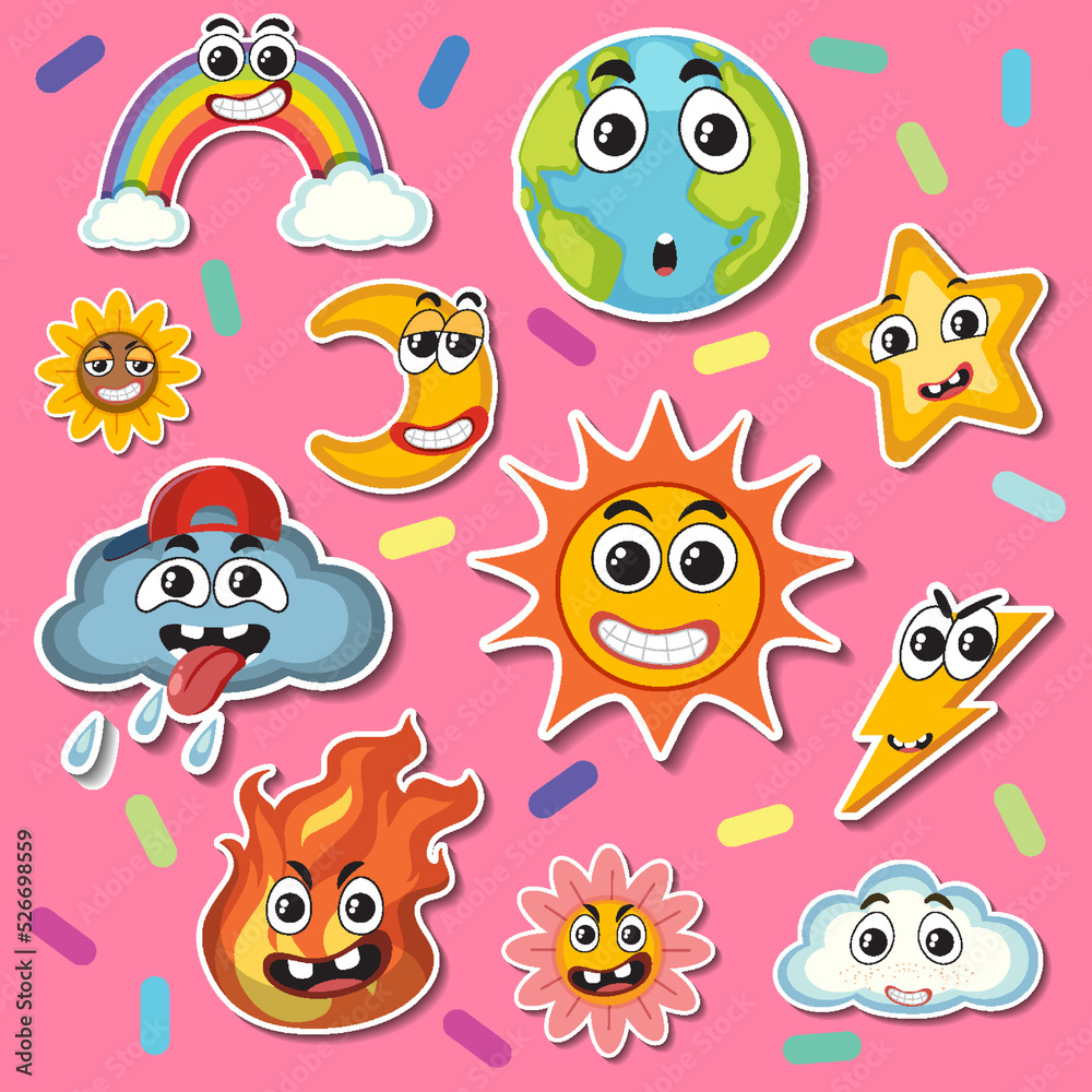 Naklejka premium Cute weather icons sticker seamless pattern