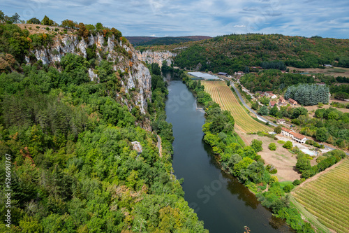 The valley of Lot river see the village of Saint Cirq Lapopie, Lot department, France, High quality photo