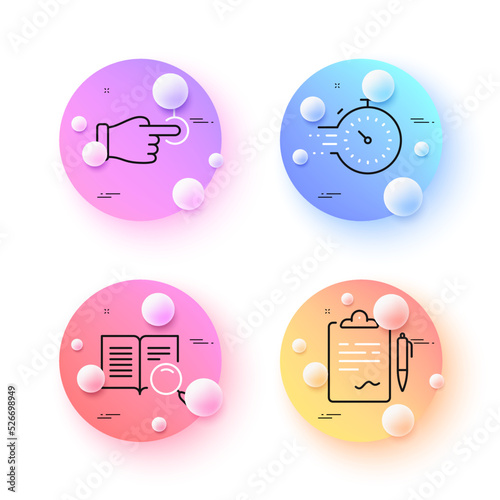 Timer, Drag drop and Clipboard minimal line icons. 3d spheres or balls buttons. Search text icons. For web, application, printing. Deadline management, Move, Agreement contract. Open book. Vector