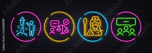 Nurse, Fireworks and Lawyer minimal line icons. Neon laser 3d lights. Meeting icons. For web, application, printing. Swab test, Party pyrotechnic, Court judge. Team business. Vector