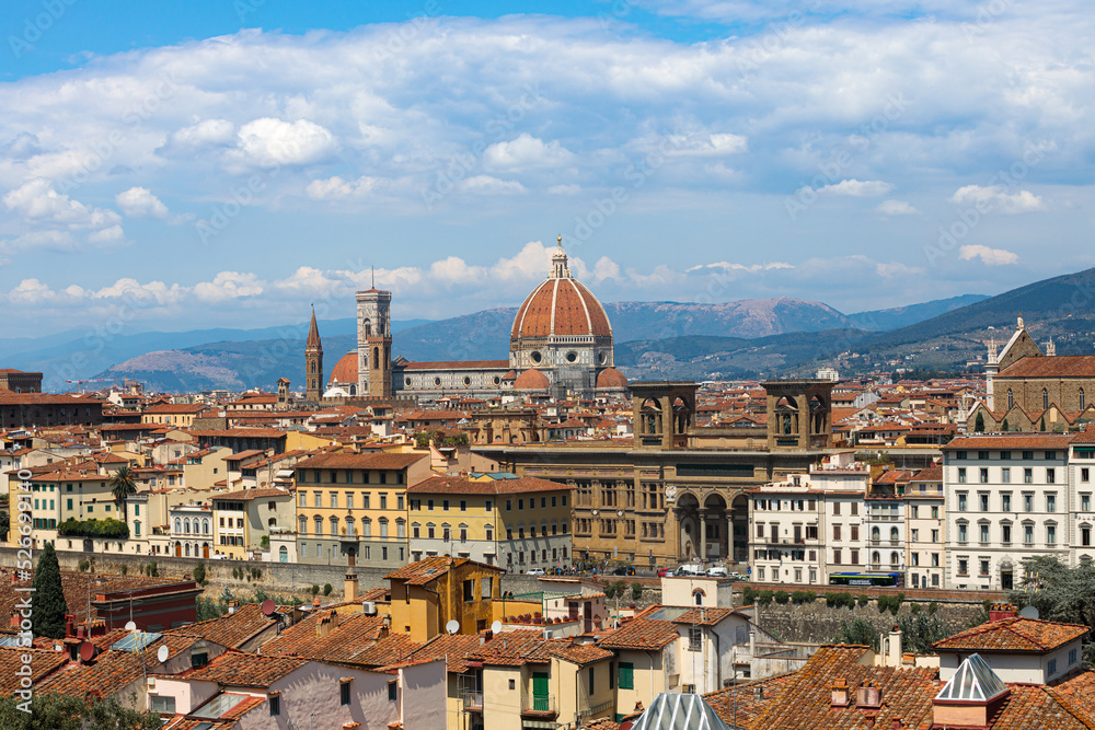 Cathedral of Santa Maria del Fiore and Giotto's Bell Tower. Florence, Italy. Panorama of the city