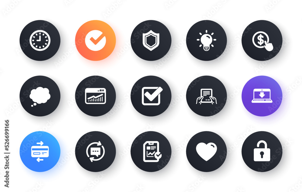 Report, Time and Credit card icons. Statistics, Light bulb and Shield protection. Classic icon set. Circle web buttons. Vector Report, Time and Credit card icons. Statistics, Light bulb and Shield protection. Classic icon set. Circle web buttons. Vector