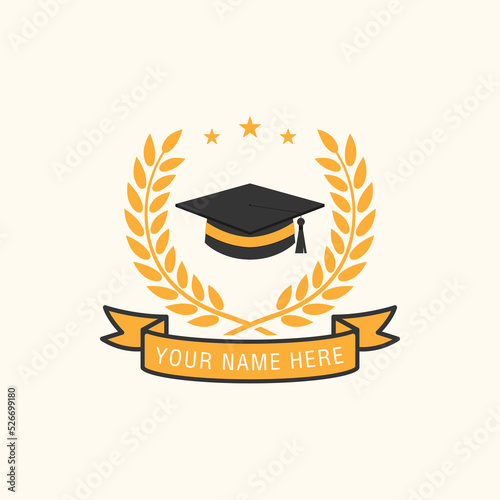 Graduation certificate with vector toga hat icon, ribbon, and laurel design illustrations