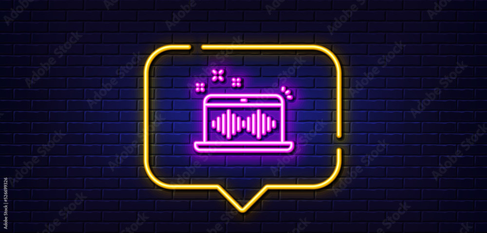 Neon light speech bubble. Music making line icon. DJ app sign. Musical device symbol. Neon light background. Music making glow line. Brick wall banner. Vector