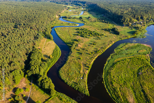 Aerial summer beautiful view of Merkinė, Merkys and Nemunas rivers confluence, Lithuania photo