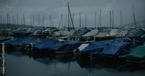 Windy, fog, boats, lake, rain, cloudy, moody, switzerland, early morning, hergiswil, harbor, europe photo