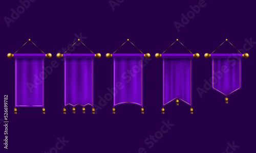 Puple pennant flags mockup. Vector Illustration