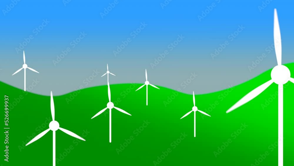 Simple animation of wind turbines on a green field. Place for caption. Copy space Simple animation of wind turbines on a green field. Place for caption. Copy space
