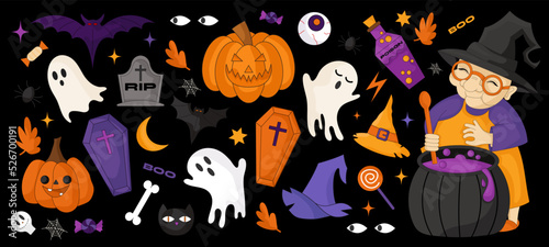 collection of cartoon halloween stickers in 90s style. Witch, hat, cat, coffin, bat, ghost, pumpkin, etc. retro halloween elements