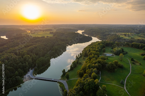 Aerial summer beautiful sunset view of Asveja lake, Dubingiai, Lithuania photo