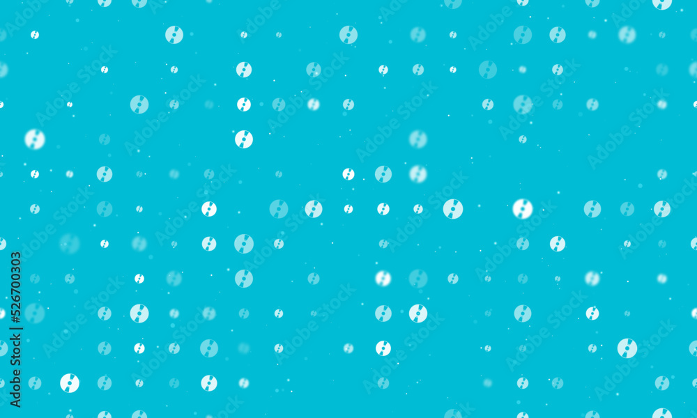 Seamless background pattern of evenly spaced white cd symbols of different sizes and opacity. Vector illustration on cyan background with stars
