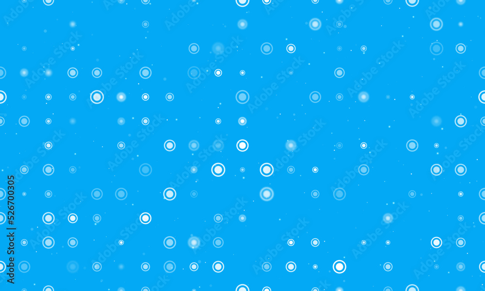 Seamless background pattern of evenly spaced white radio button symbols of different sizes and opacity. Vector illustration on light blue background with stars