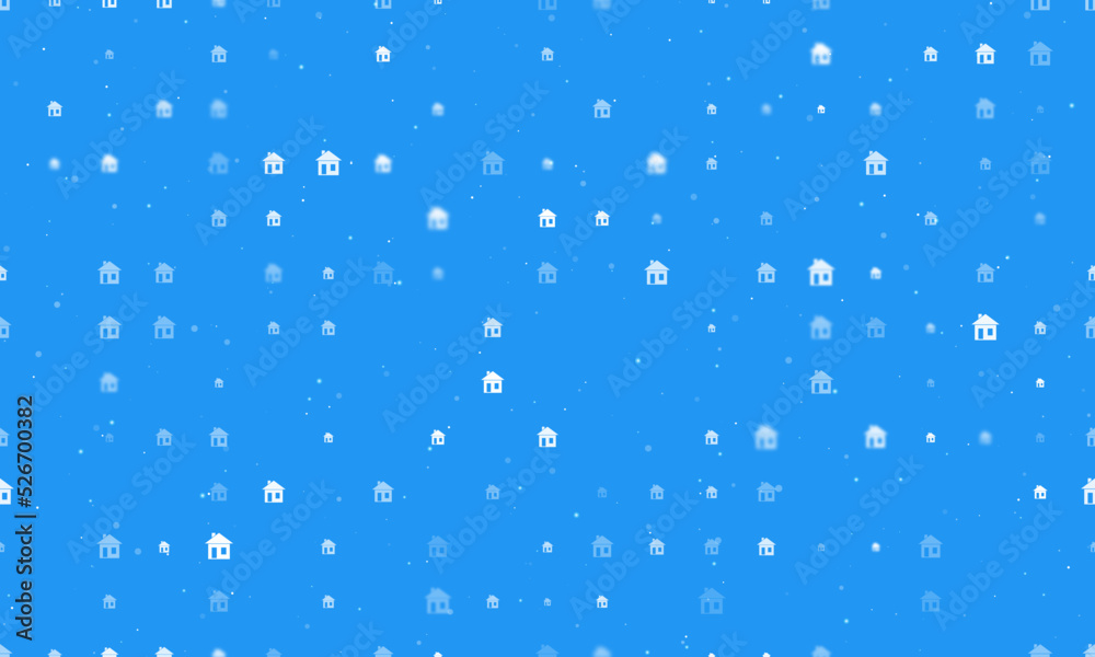 Seamless background pattern of evenly spaced white house symbols of different sizes and opacity. Vector illustration on blue background with stars