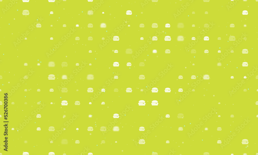 Seamless background pattern of evenly spaced white hamburger symbols of different sizes and opacity. Vector illustration on lime background with stars