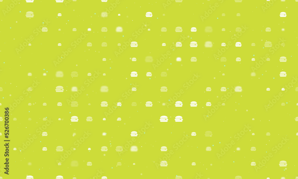 Seamless background pattern of evenly spaced white hamburger symbols of different sizes and opacity. Vector illustration on lime background with stars Seamless background pattern of evenly spaced white hamburger symbols of different sizes and opacity. Vector illustration on lime background with stars